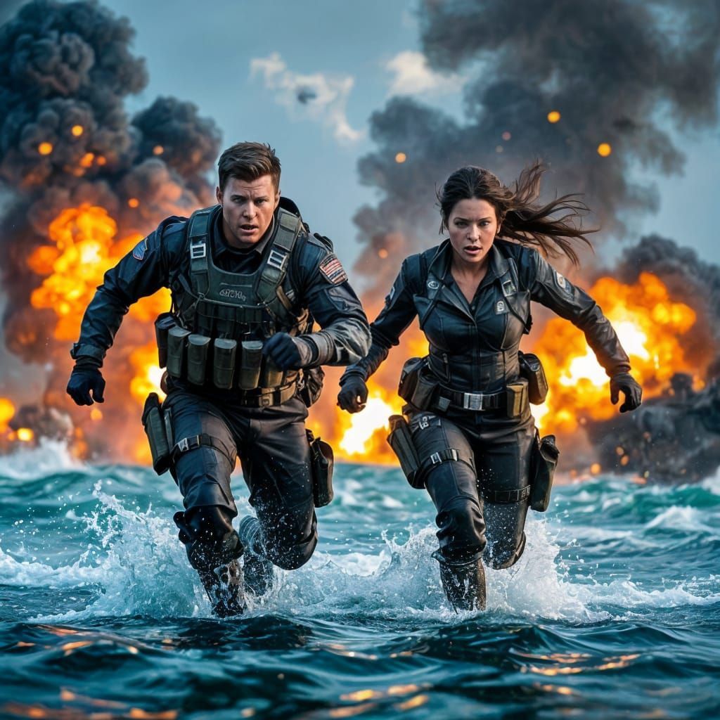 Military Protagonists Dive Into Explosive Sea Scene