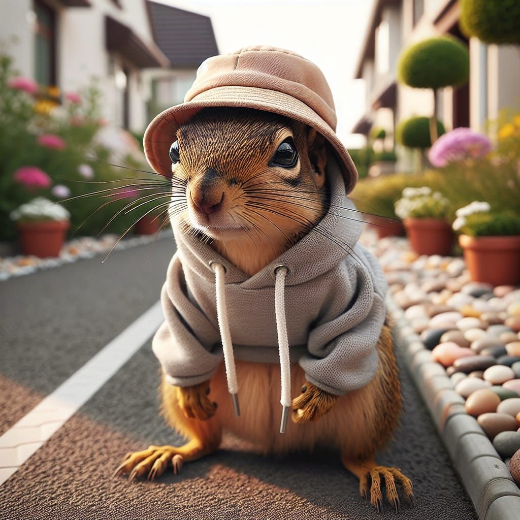 Squirrel in Bucket Hat Whistling on Street