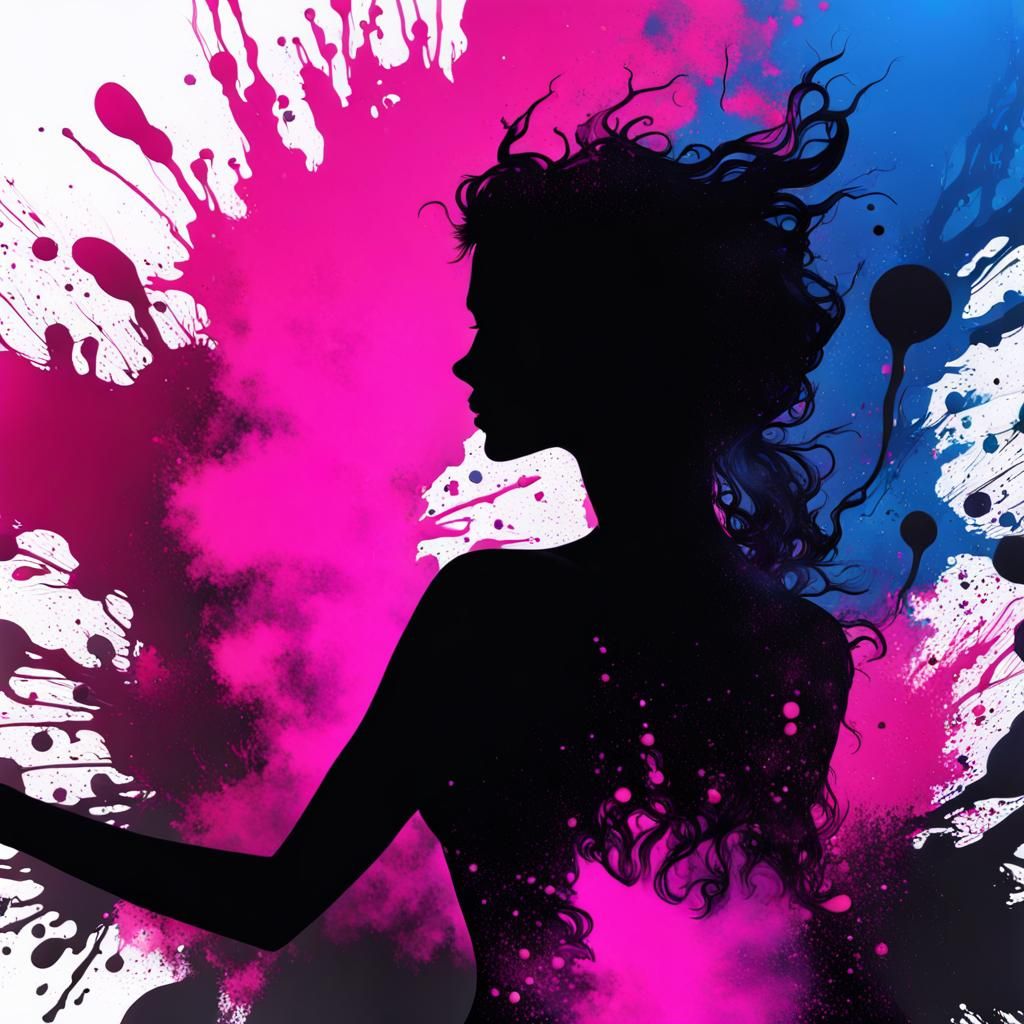 Ink Splatter Silhouette in Black, Blue, and Fuschia