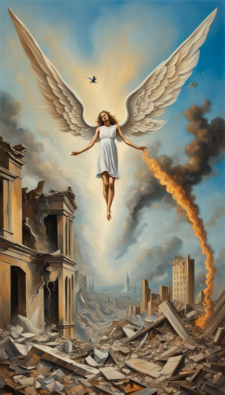 Melancholic Angel over Burning City: Surrealist Oil Painting