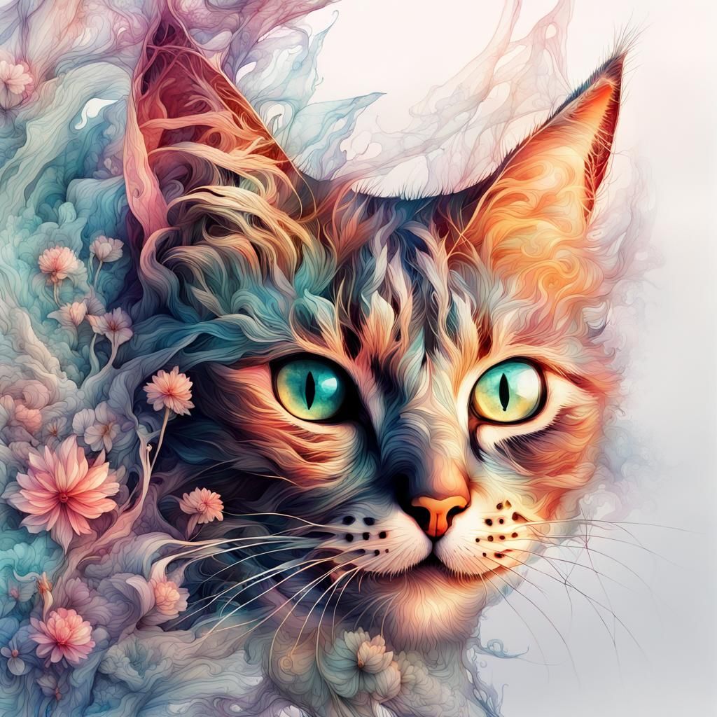 Christmas Cats in Fantasy Landscape Watercolor Art