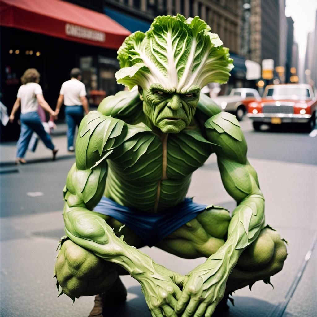 Frightened Cabbage Superhero in Busy Market Street