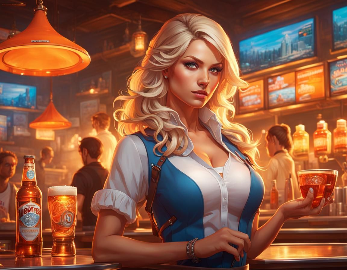 A welcome to Hooters bar from the attractive blonde hostess