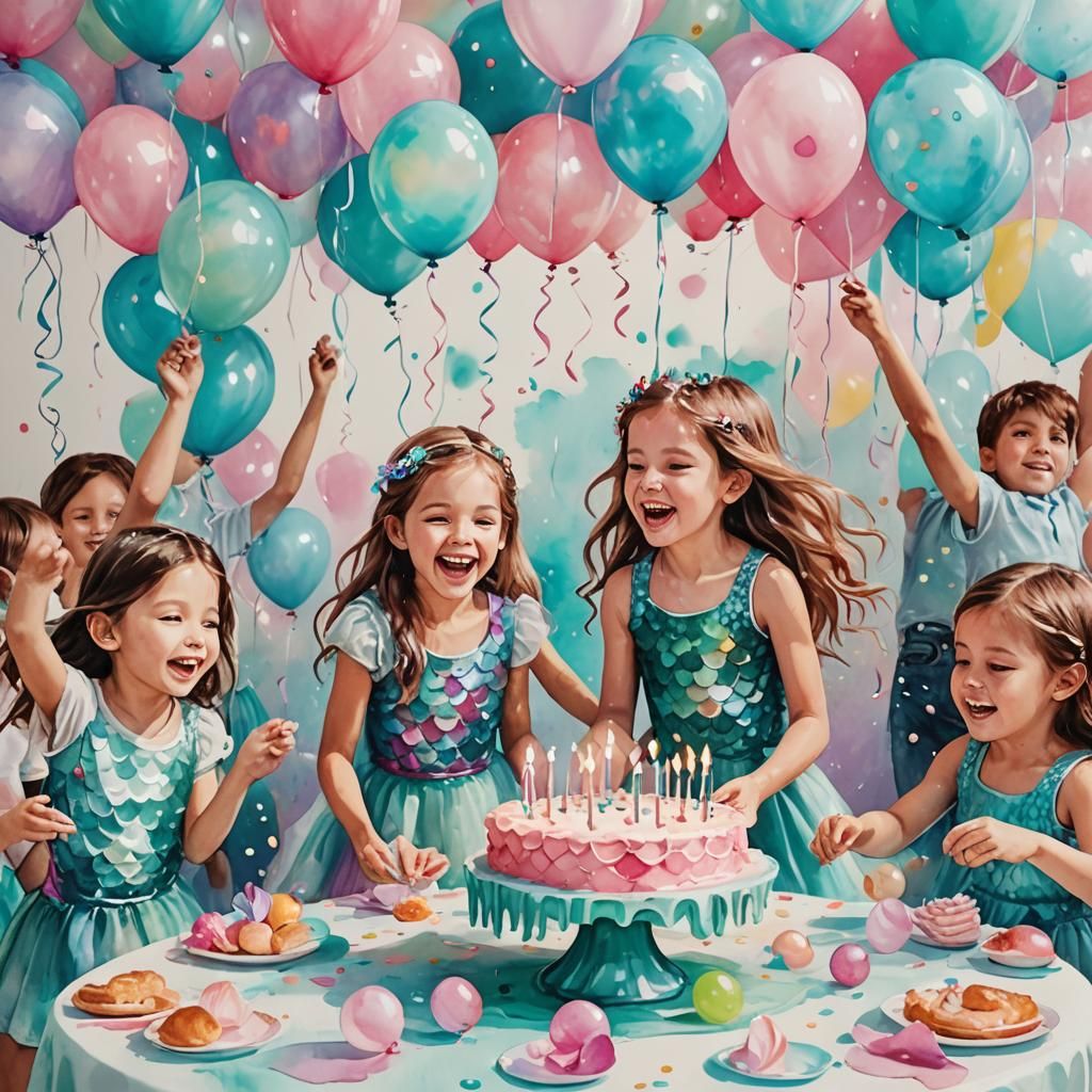 Whimsical Mermaid Birthday Party in Watercolor Splash Art