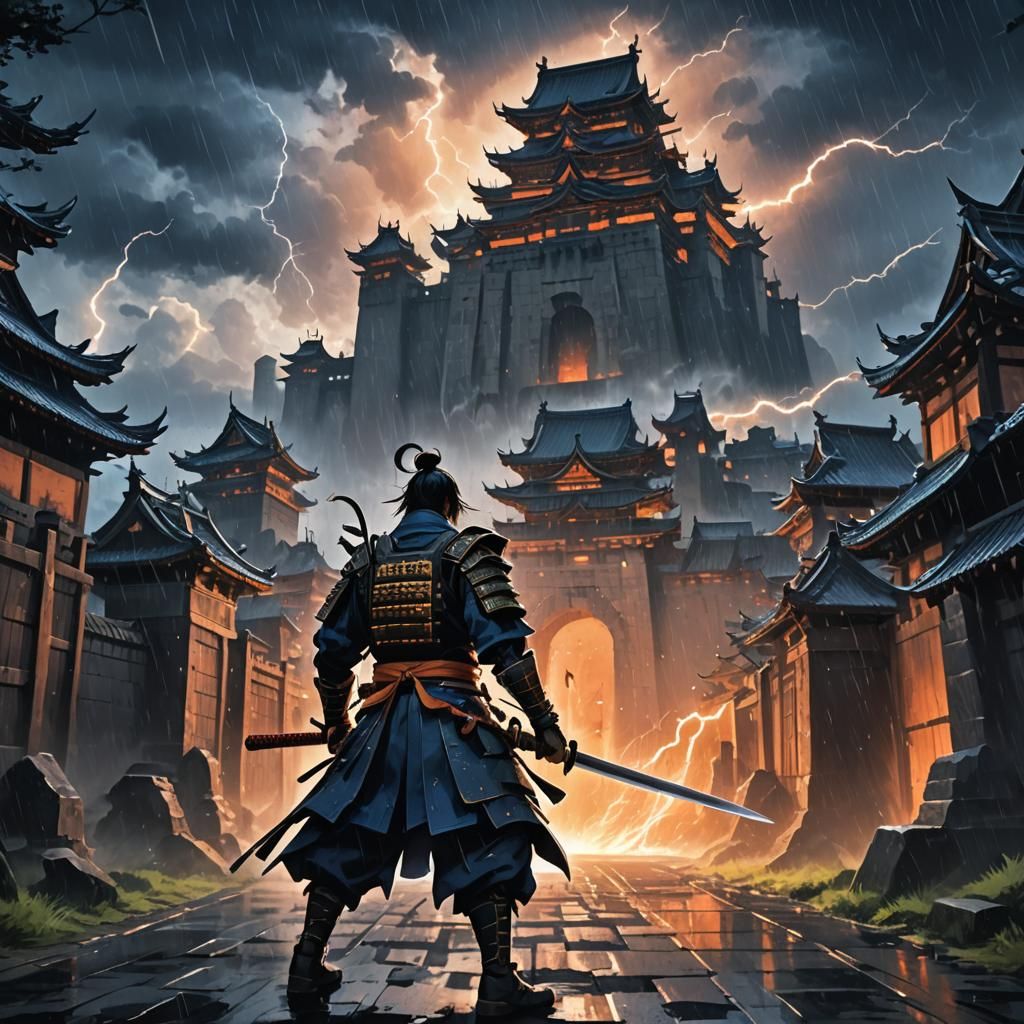 Samurai Defends Castle in Stormy Anime Battle