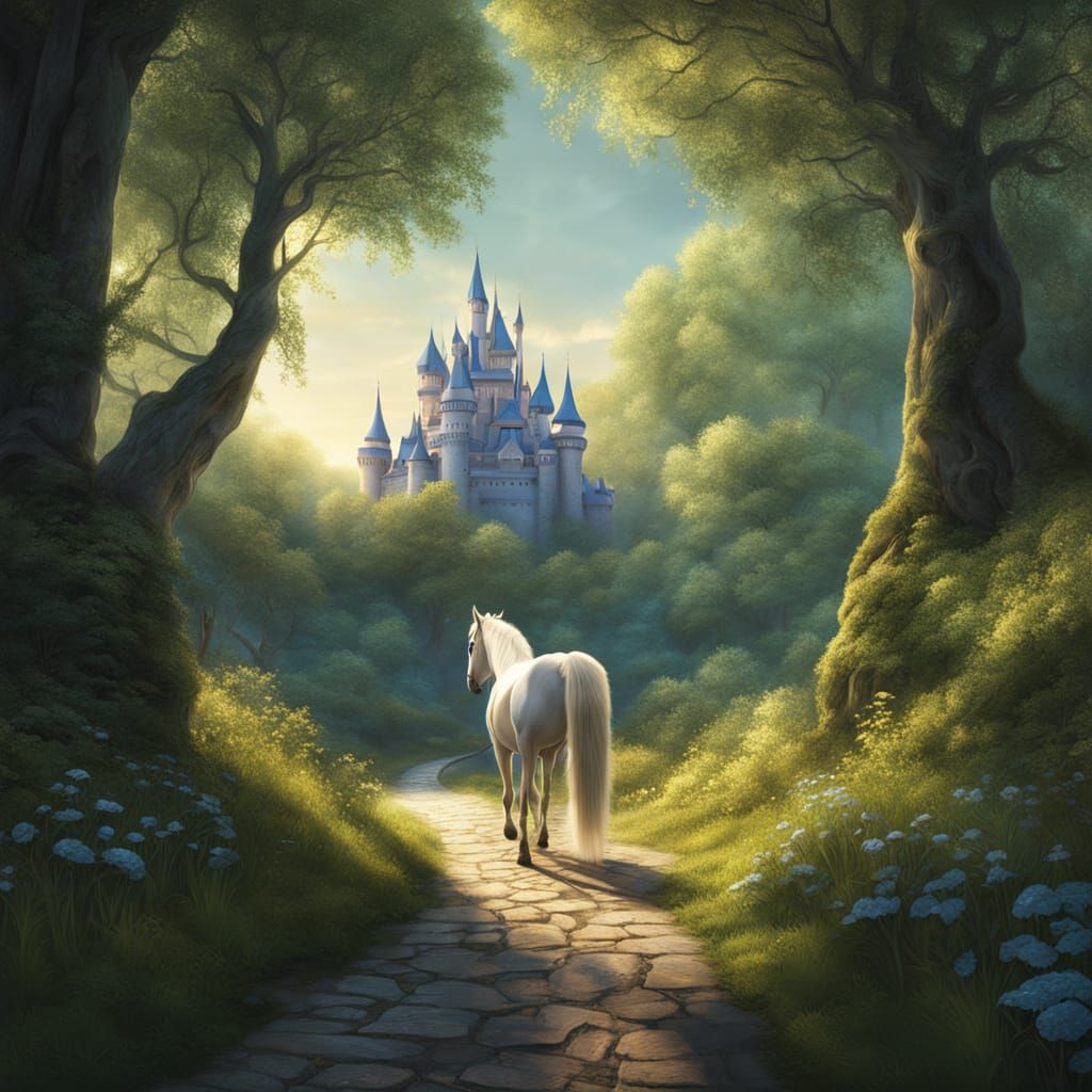 Girl Rides White Horse Towards Whimsical White Castle in Fan...