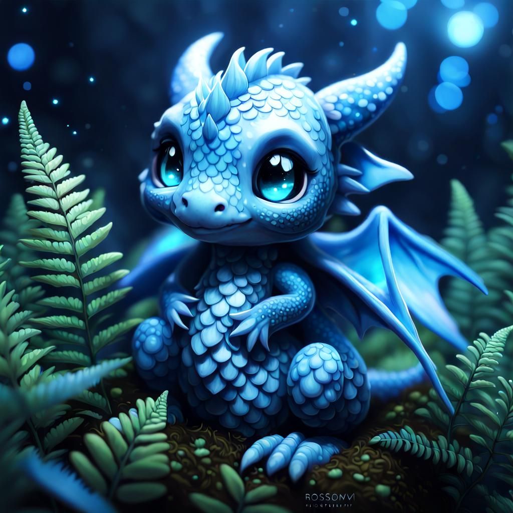 Adorable Chibi Dragon in Mystical Blue Nest