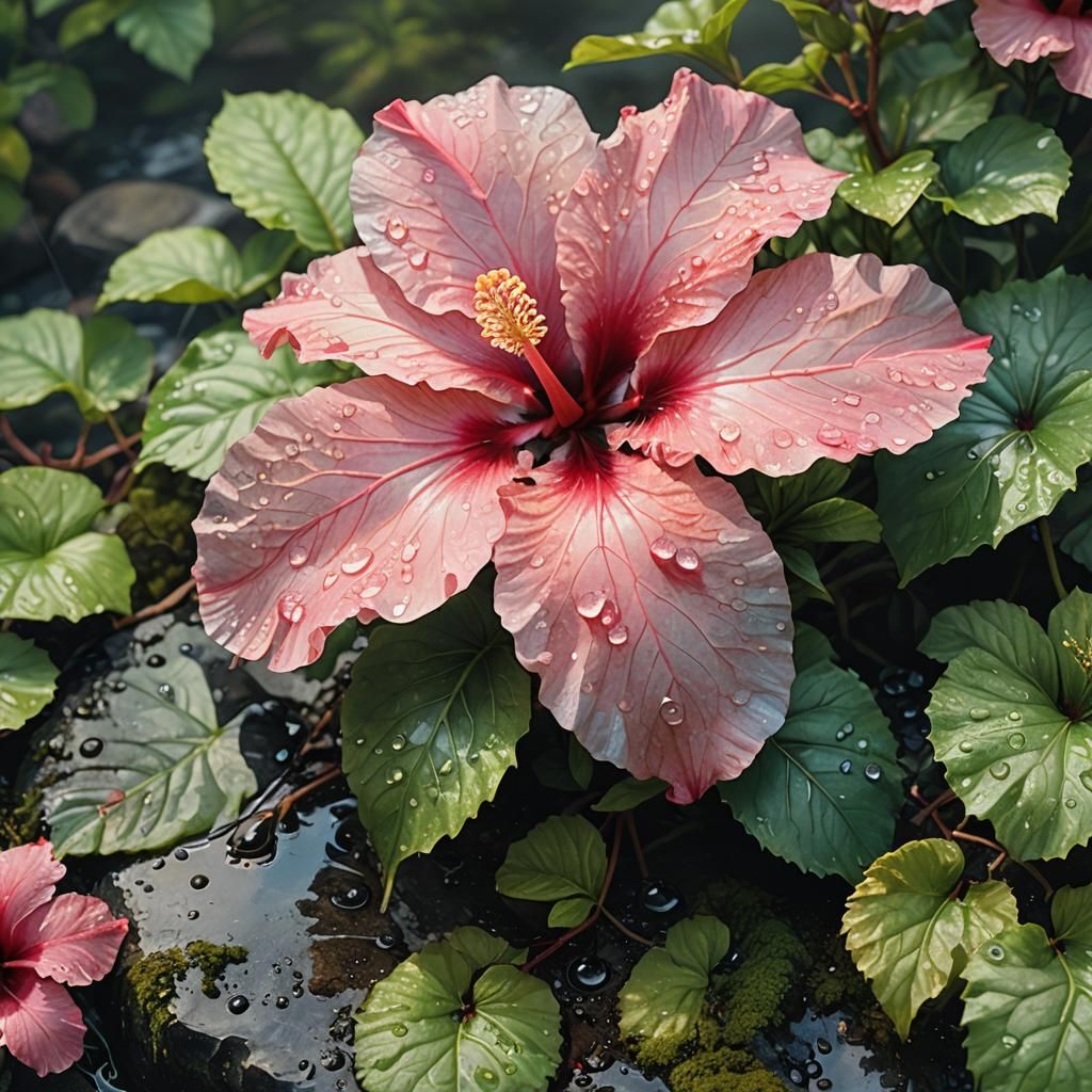 Pink Hibiscus Macro Shot in Watercolor Style