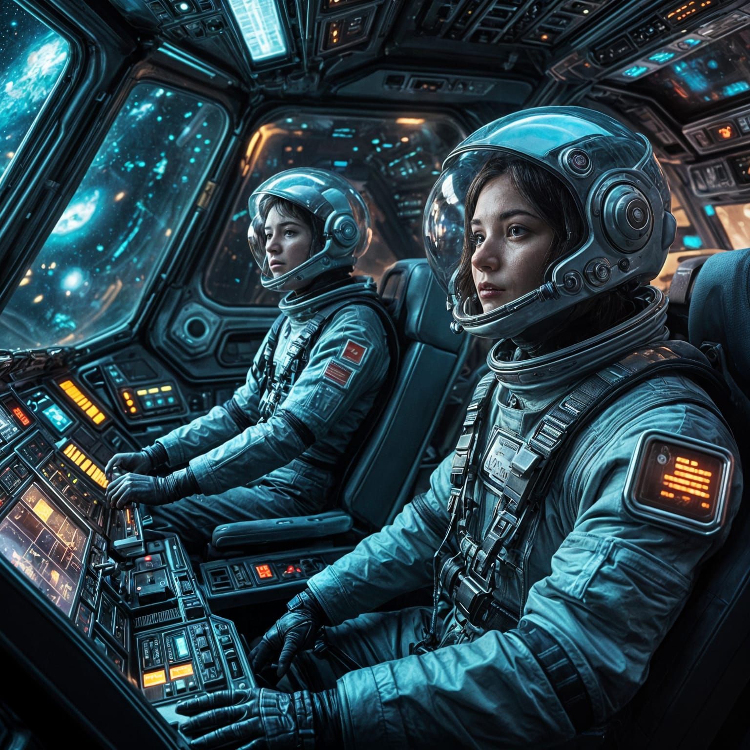Spaceman and Wife Co-Piloting Spaceship: Hyperrealistic Spla...