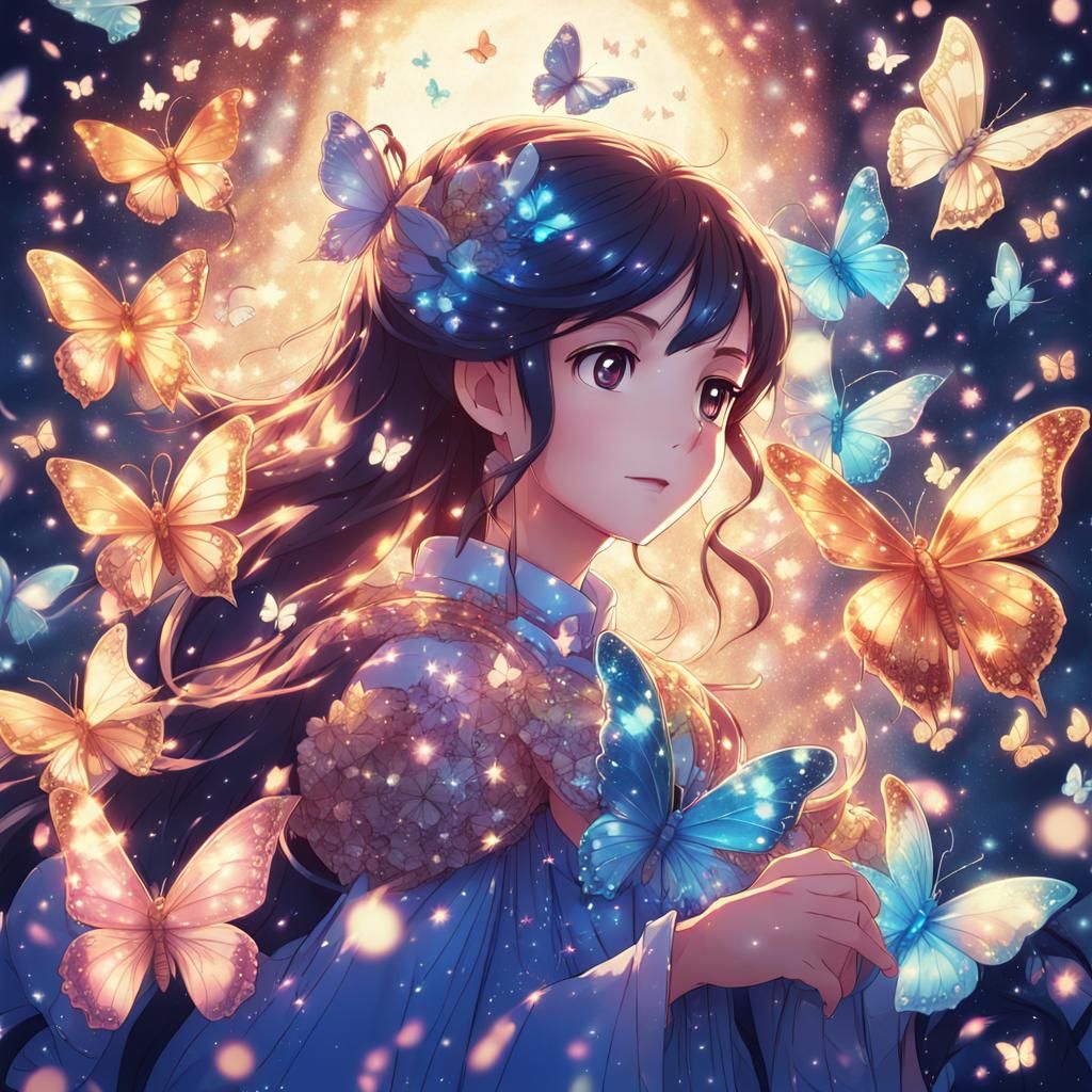 Anime Princess with Butterflies in Cel-Shaded Style