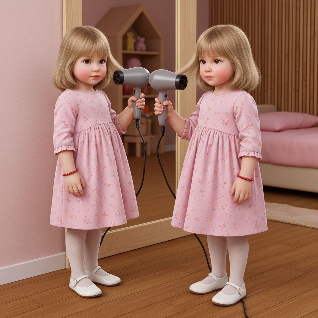 Realistic Girl Drying Hair in Mirror, Pink Floral Dress