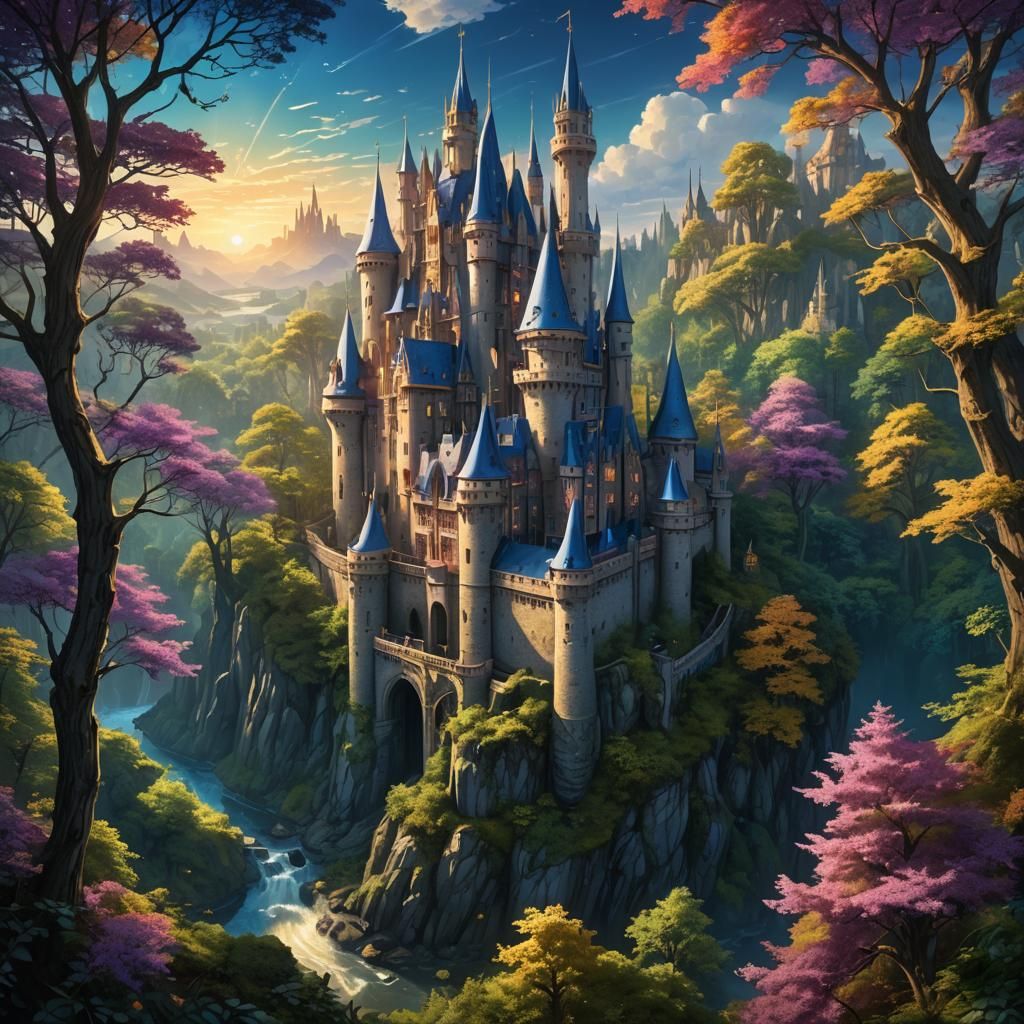 Majestic Castle in Mystical Forest: Digital Matte Painting