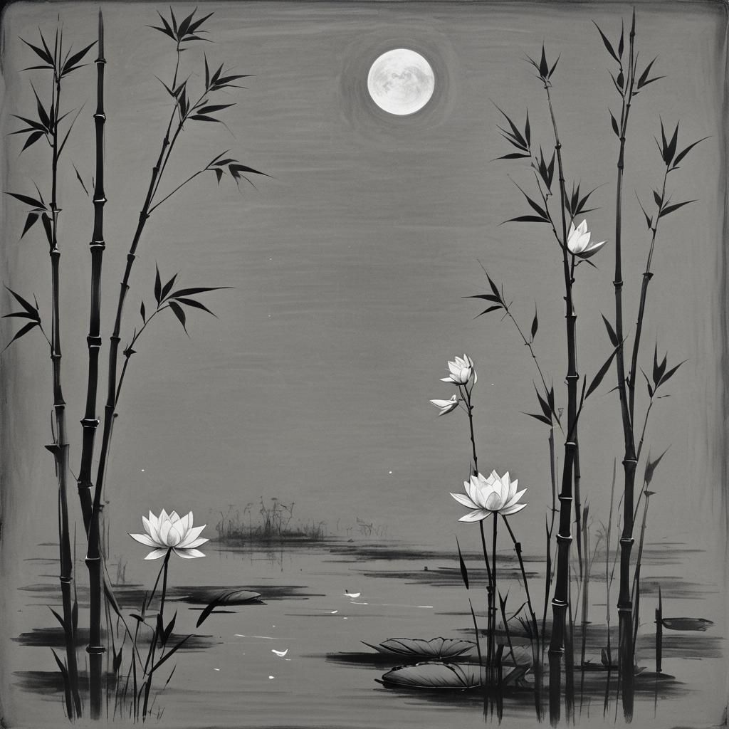 Minimalist Bamboo and Lotus Landscape in Chalk Style