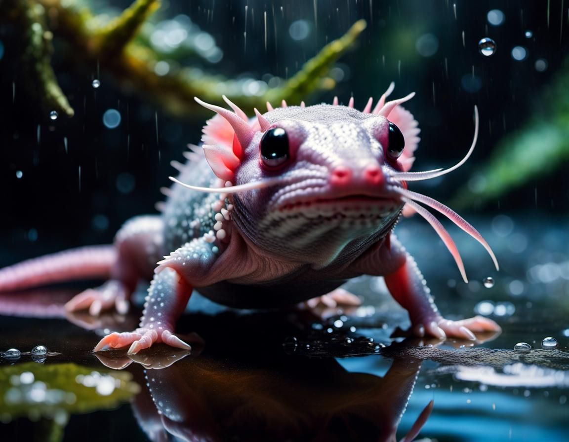Hyperrealistic Axolotl-Mouse Hybrid in Jurassic Setting