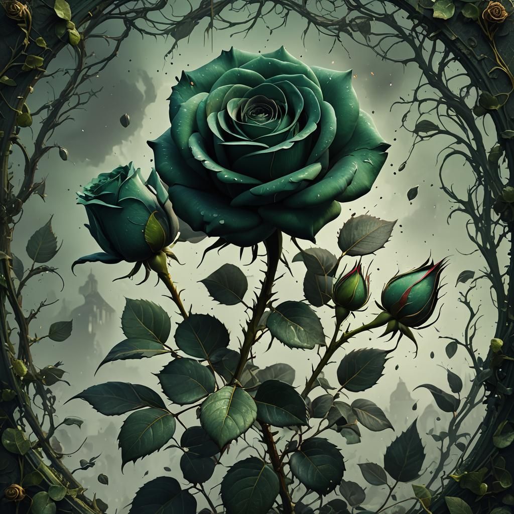 Detailed Dark Green Rose Fantasy Art