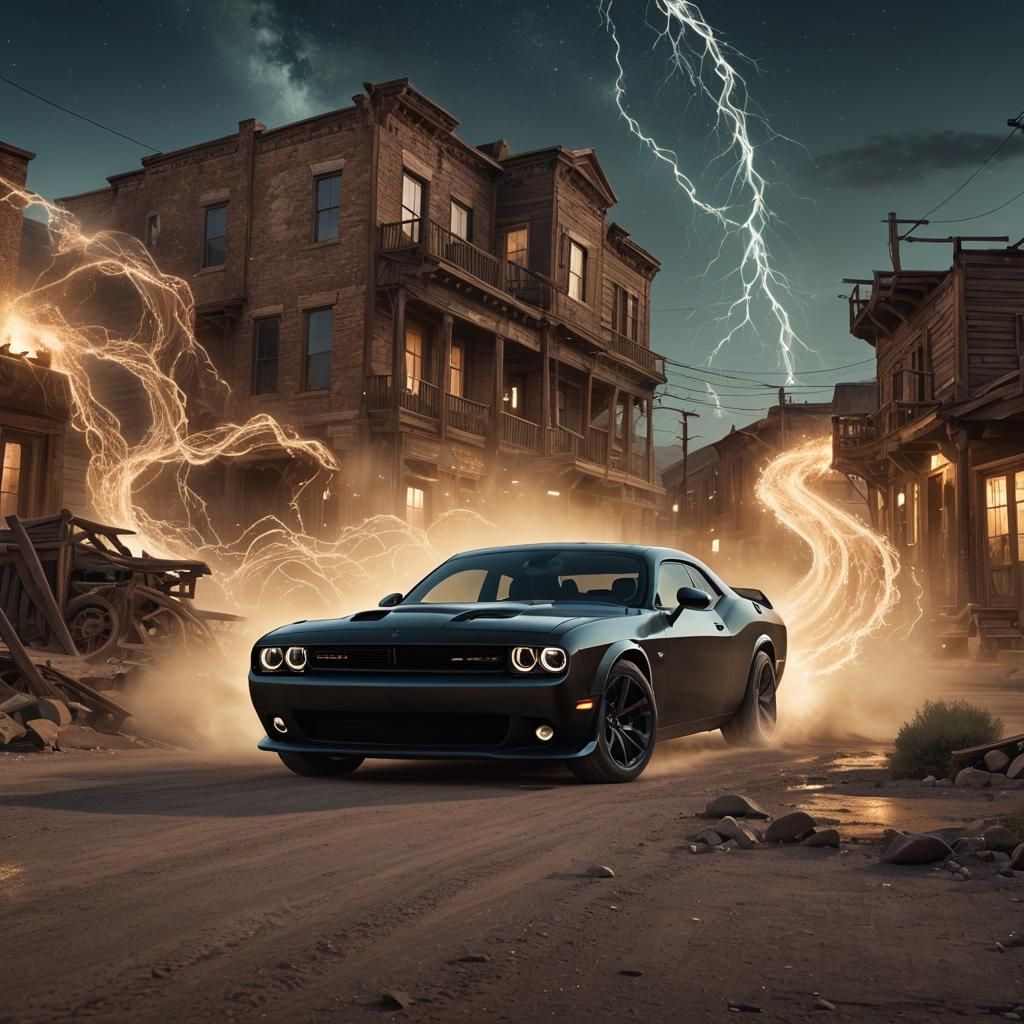 Dodge Challenger in Ghost Town, Dark Fantasy Art