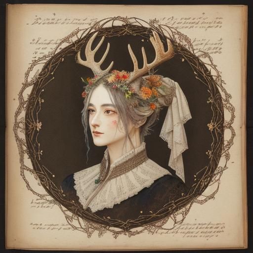 Whimsical Deer Maiden on Antique Watercolor Page