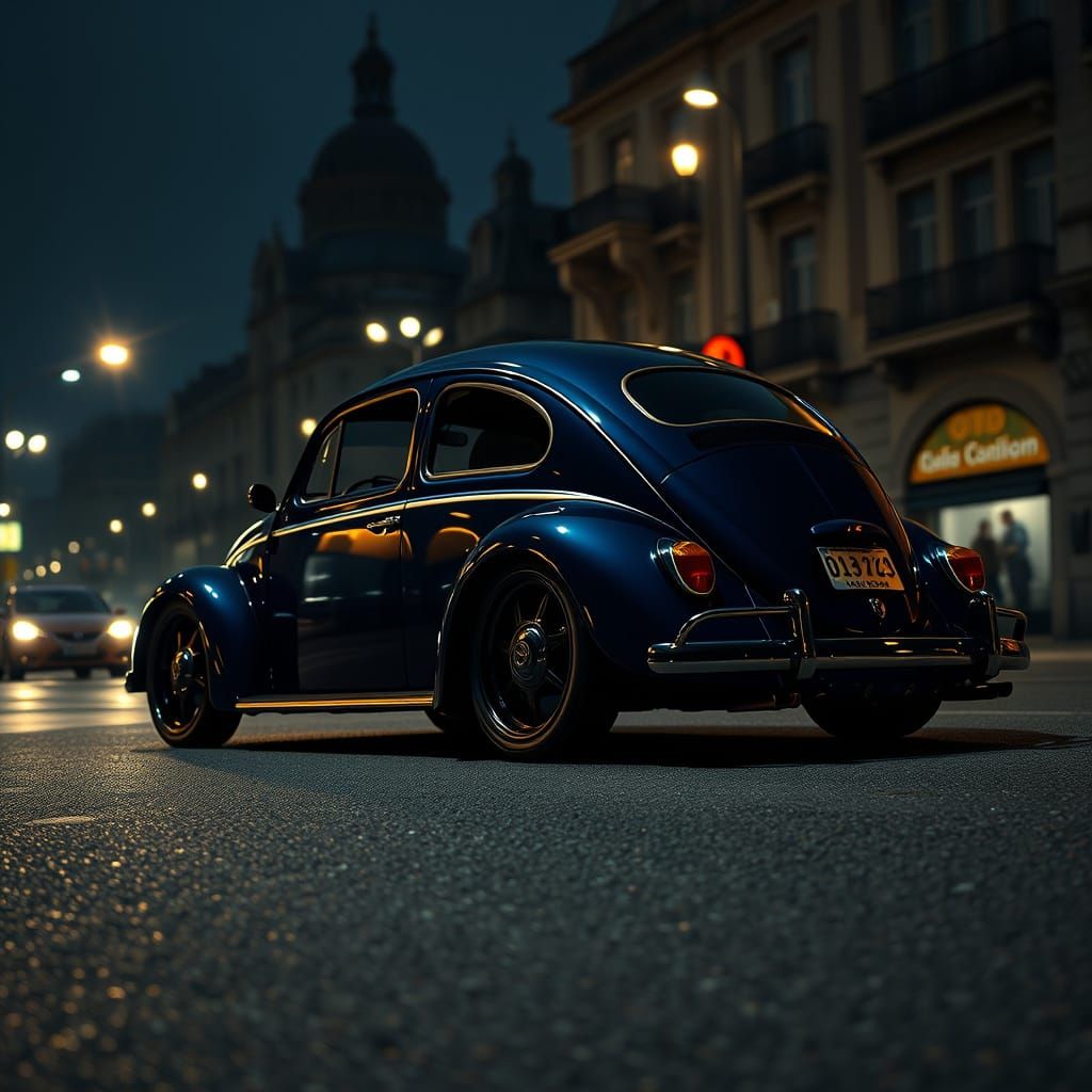 Dark Blue 1955 Volkswagen in Futuristic Noir Style