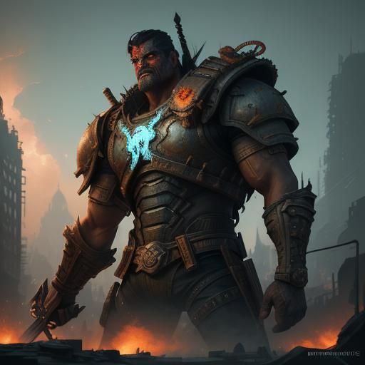 Warrior in Ruined Cityscape Digital Painting