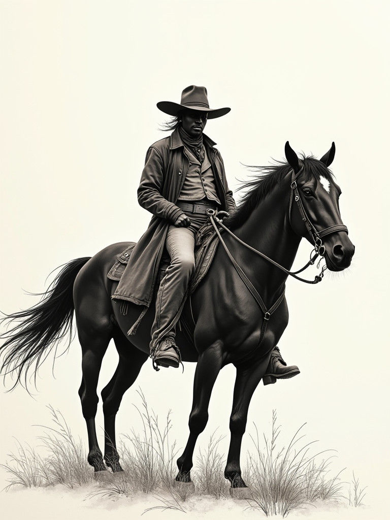 Cowboy on Horse in Pen and Ink Style