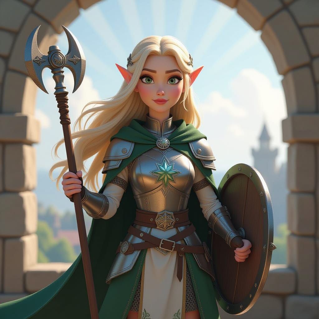 Elf Cleric in Watchtower Overlooking Fantasy Landscape