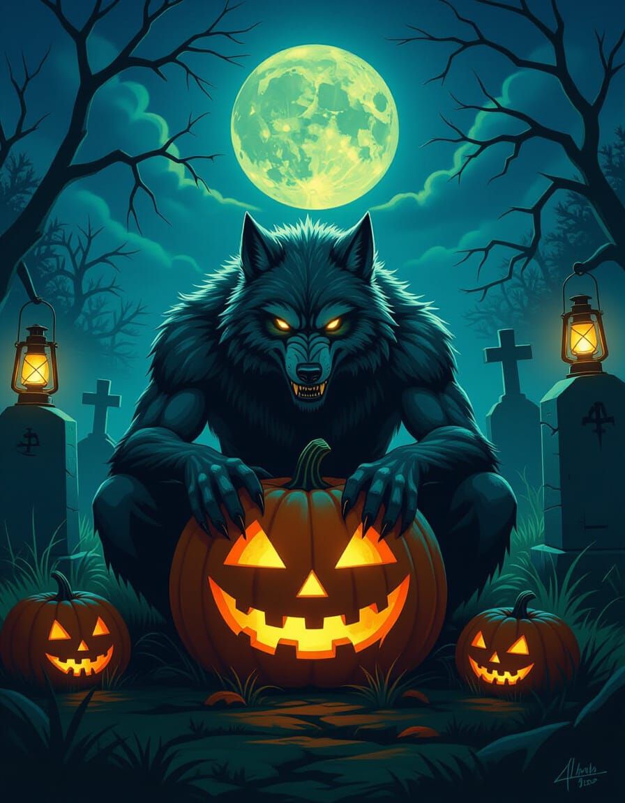 Eerie Werewolf Pumpkin in Moonlit Graveyard