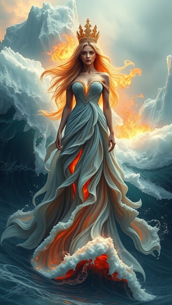 Majestic Ocean Goddess Surrounded by Fire and Icebergs