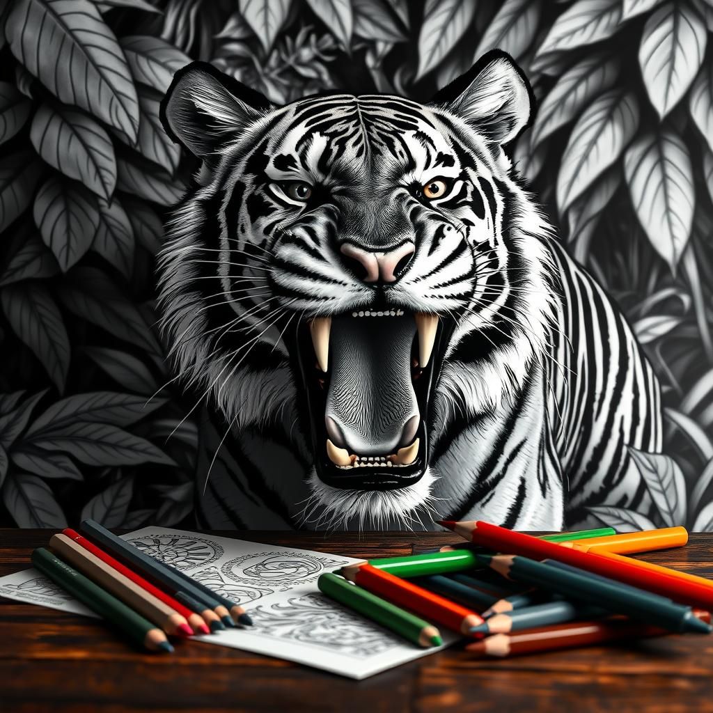 Ferocious Tiger Prowl: Detailed Black and White Coloring Pag...