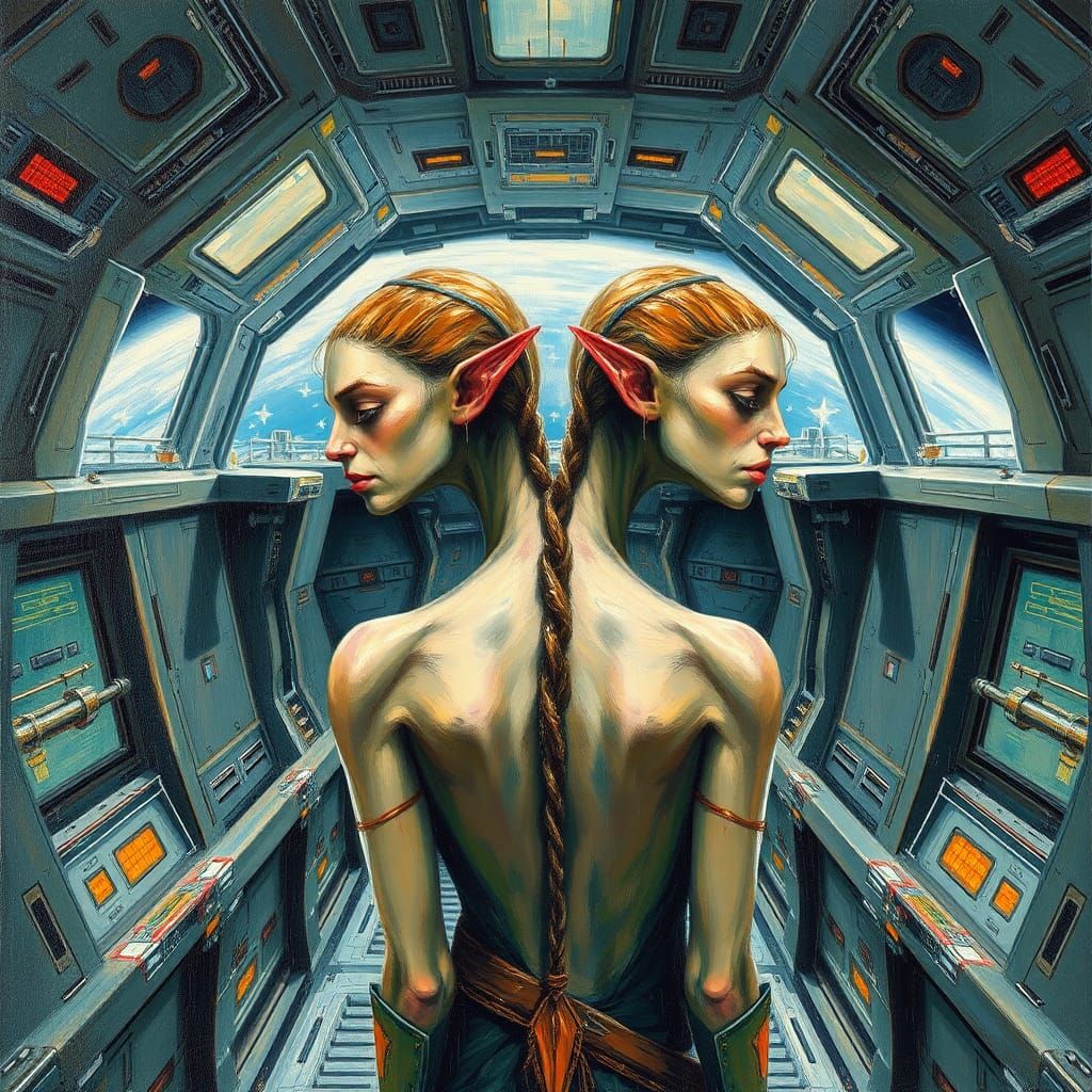 Two-Headed Elf in Space: Neo-Impressionist Oil Painting