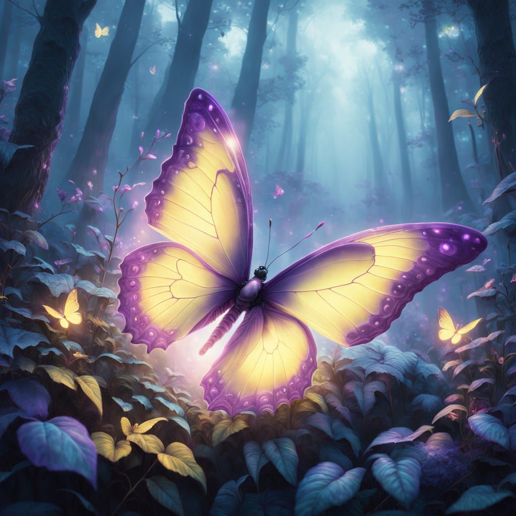 Ethereal Butterfly in Dreamy Forest Scene