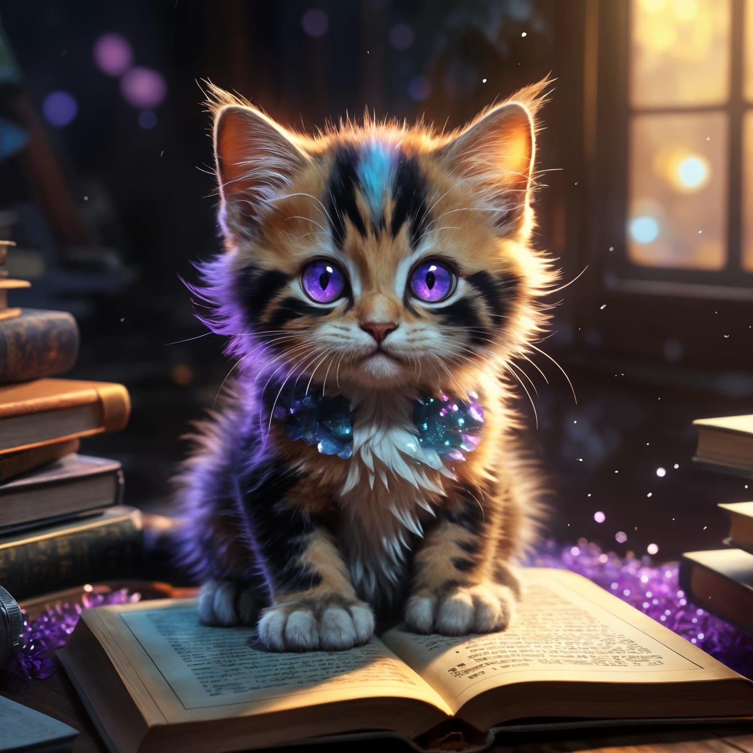 Cute Calico Kitten with Purple Eyes on Cat Book