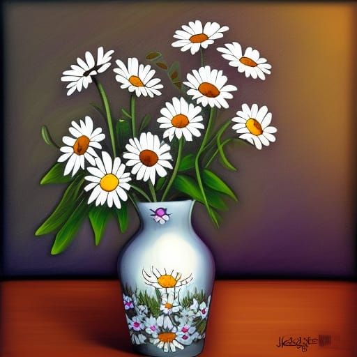 Daisies in Vase, Surreal Character Design Illustration
