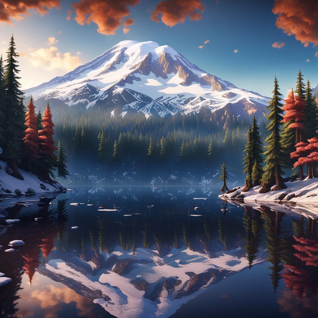 Snowy Mt. Rainier Reflection: Detailed Matte Painting
