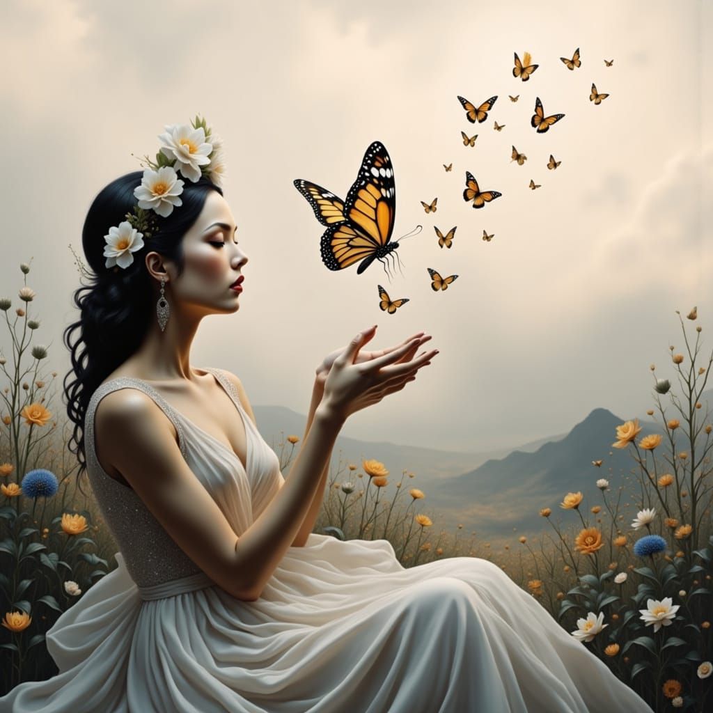 Woman Releasing Butterfly in Hyperrealistic Style