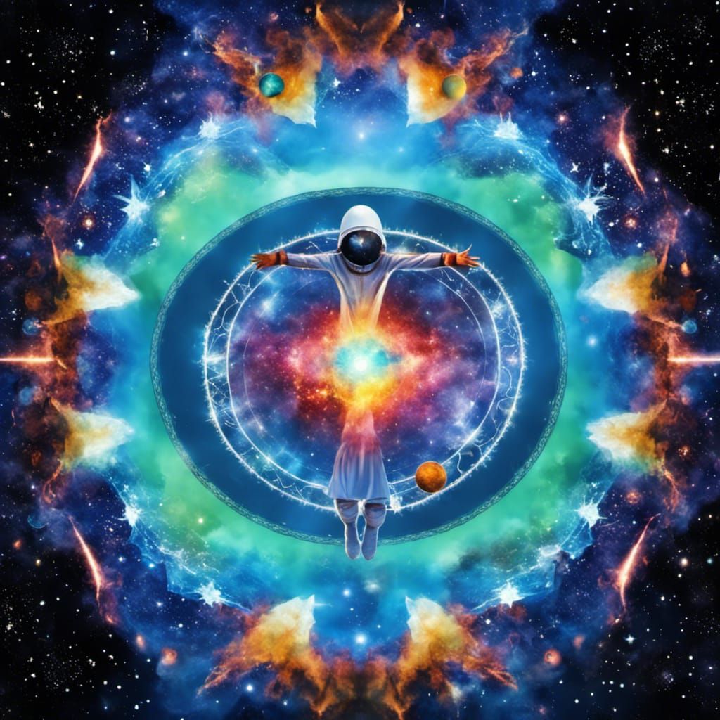 Astronaut Reaching for Cosmic Mandala in Space