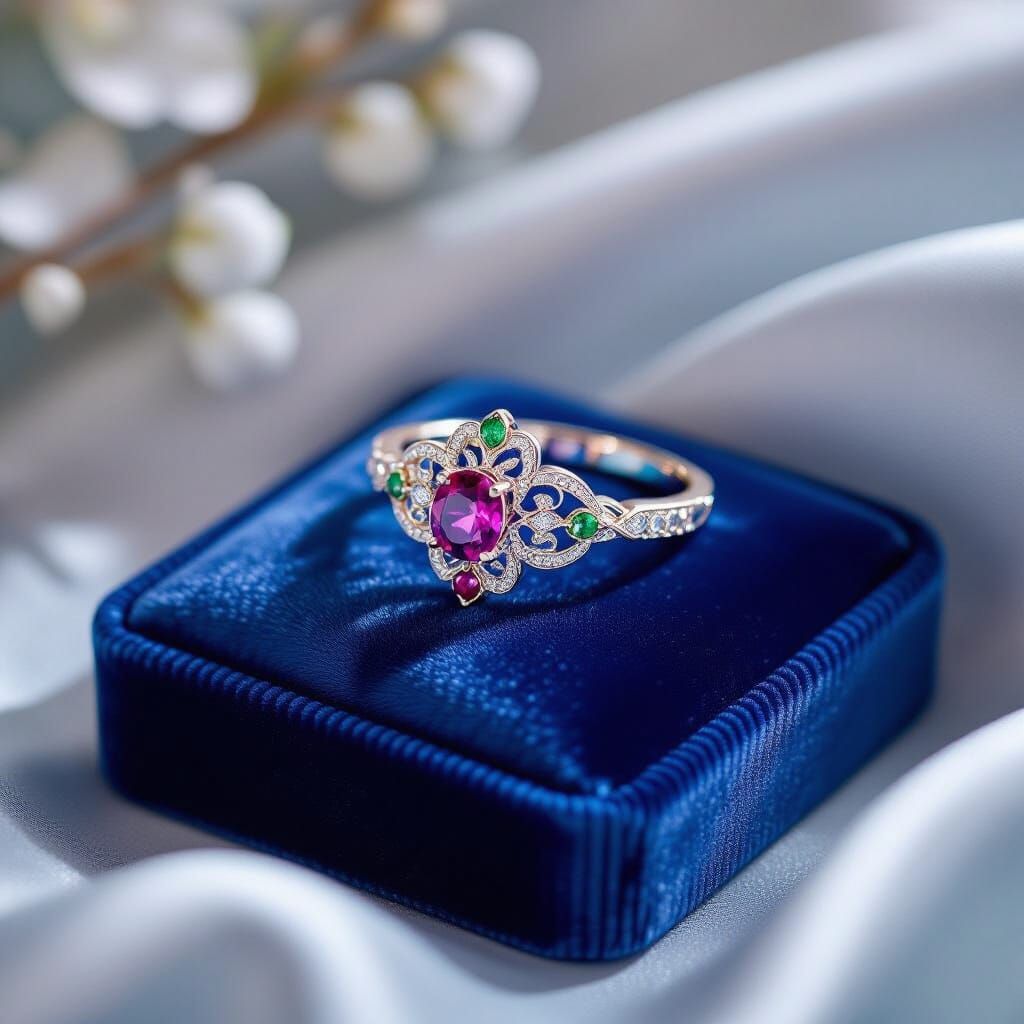 Ornate Gemstone Ring on Velvet in Art Nouveau Style