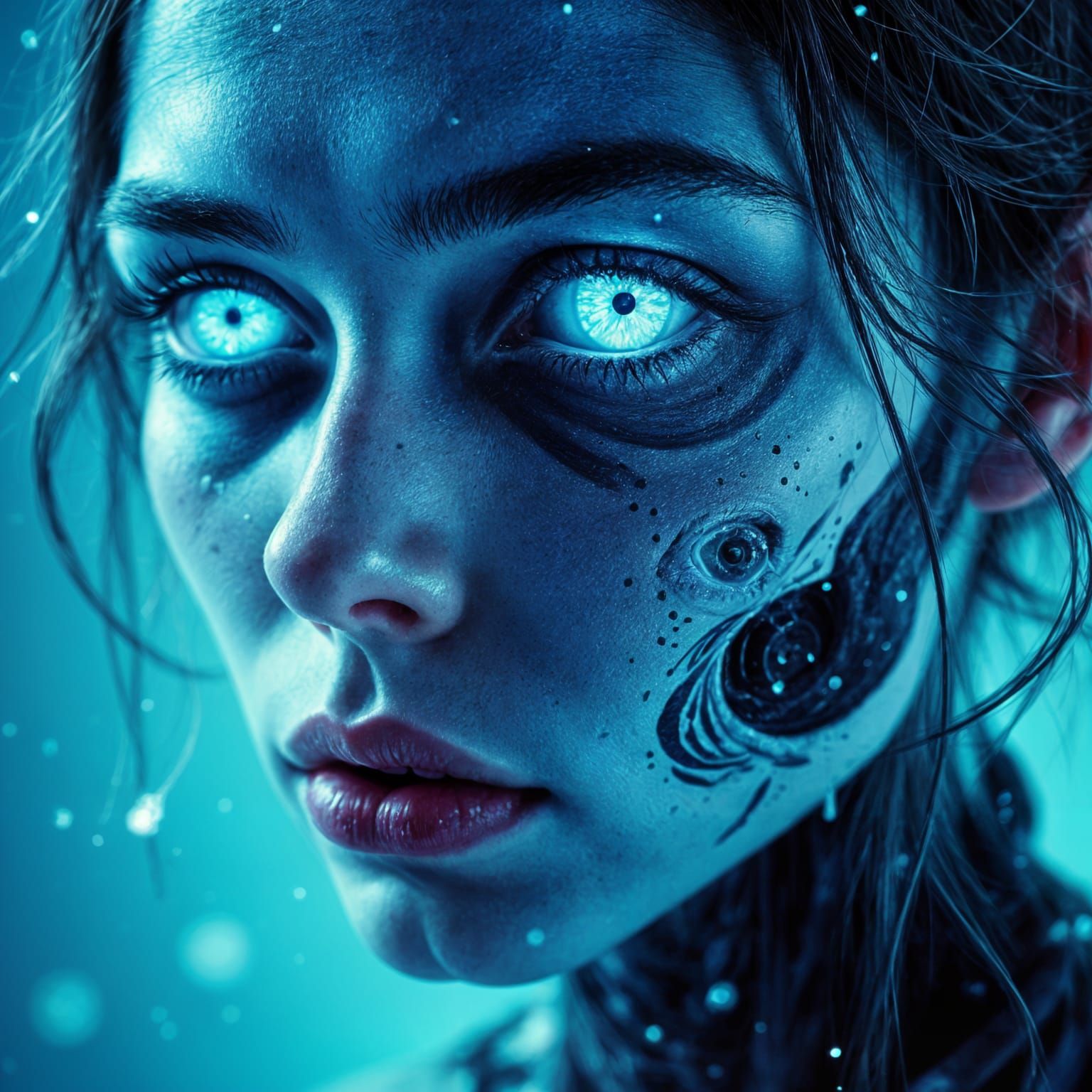 Glitchcore Goddess with Piercing Blue Eyes