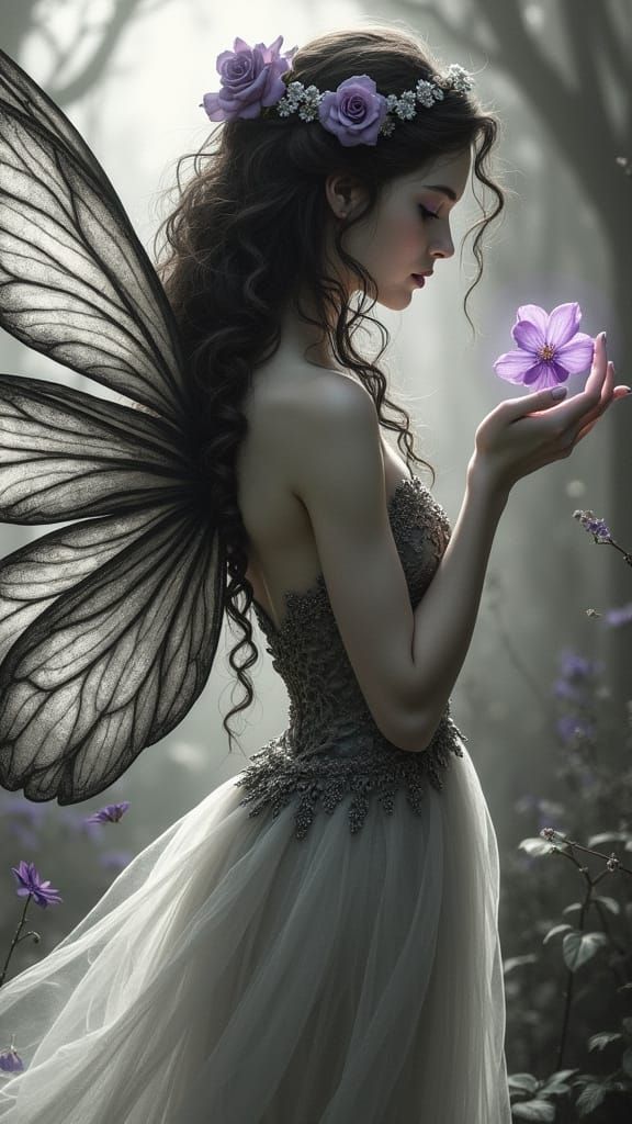 Seductive Fairy in Victorian Attire with Dark Wings and Flor...