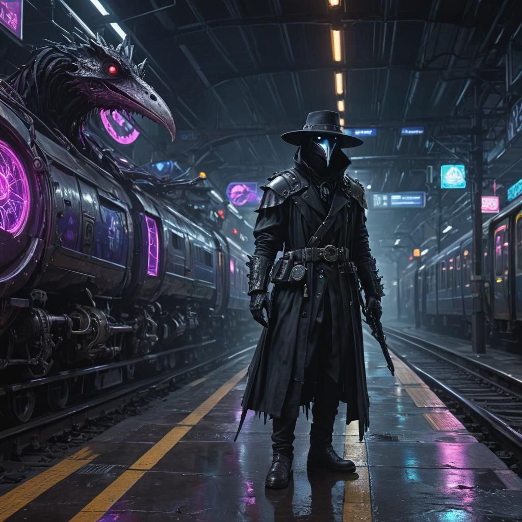 Futuristic Plague Doctor and Kenku on Train Platform