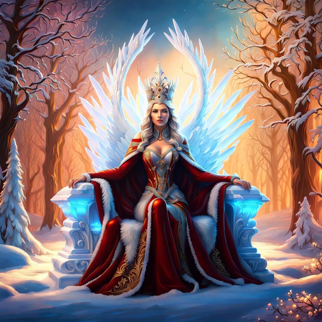 The beautiful snow queen on her ice sculpted throne