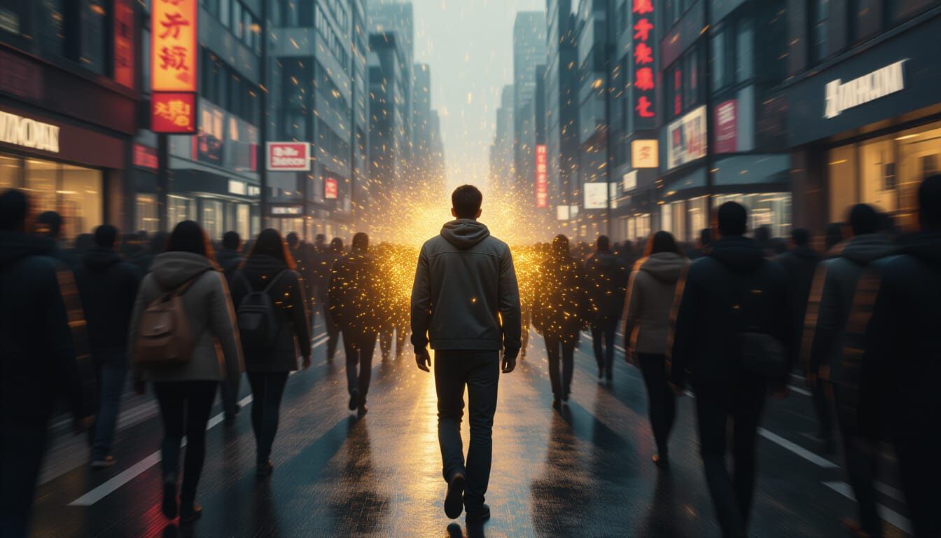 Serene Figure Amidst Chaotic Crowd with Golden Aura