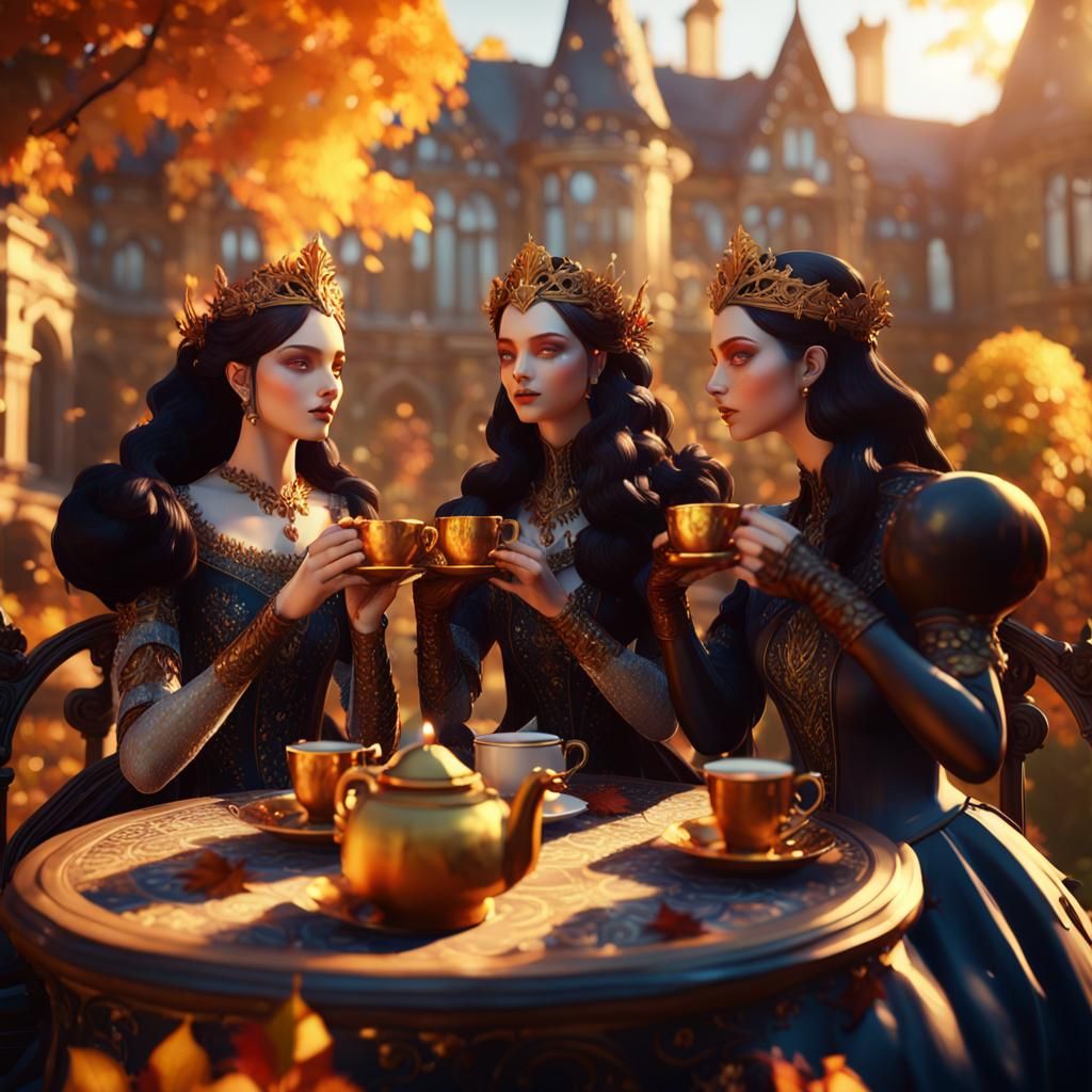 Gothic Goddesses Enjoying Tea in a Villa Garden