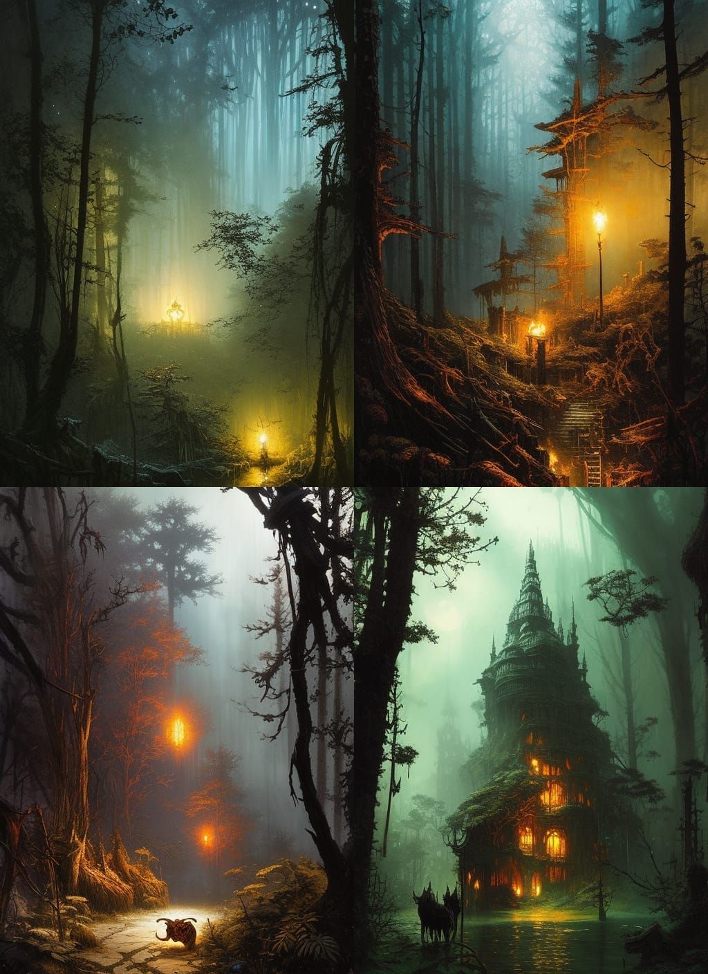 Burning Tiger in Dark Forest: Watercolor Horror Art