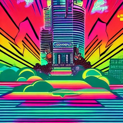 Rainbow Synthwave Cityscape with Black Outlines
