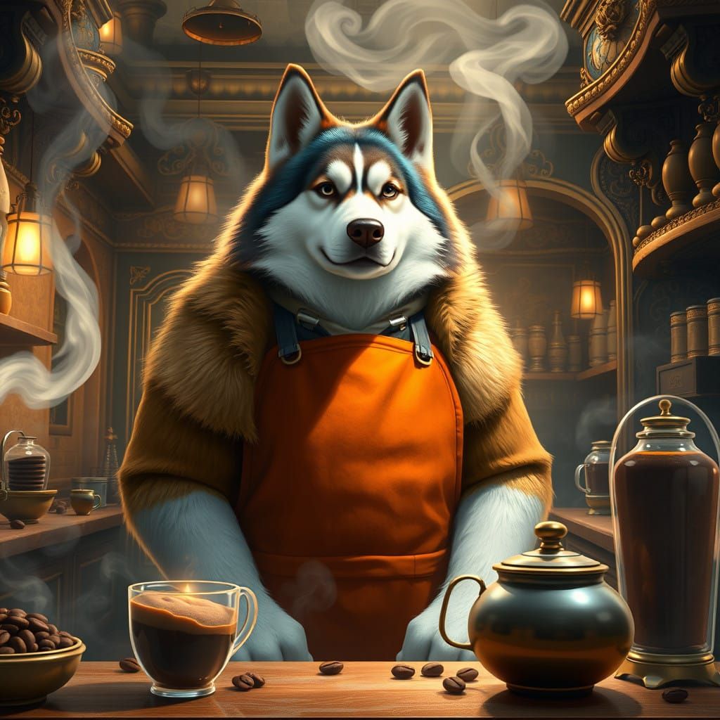 Anthro Husky Barista in Enchanting Coffee Shop