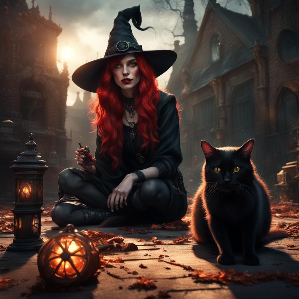 Gothic Witch with Black Cat Concept Art