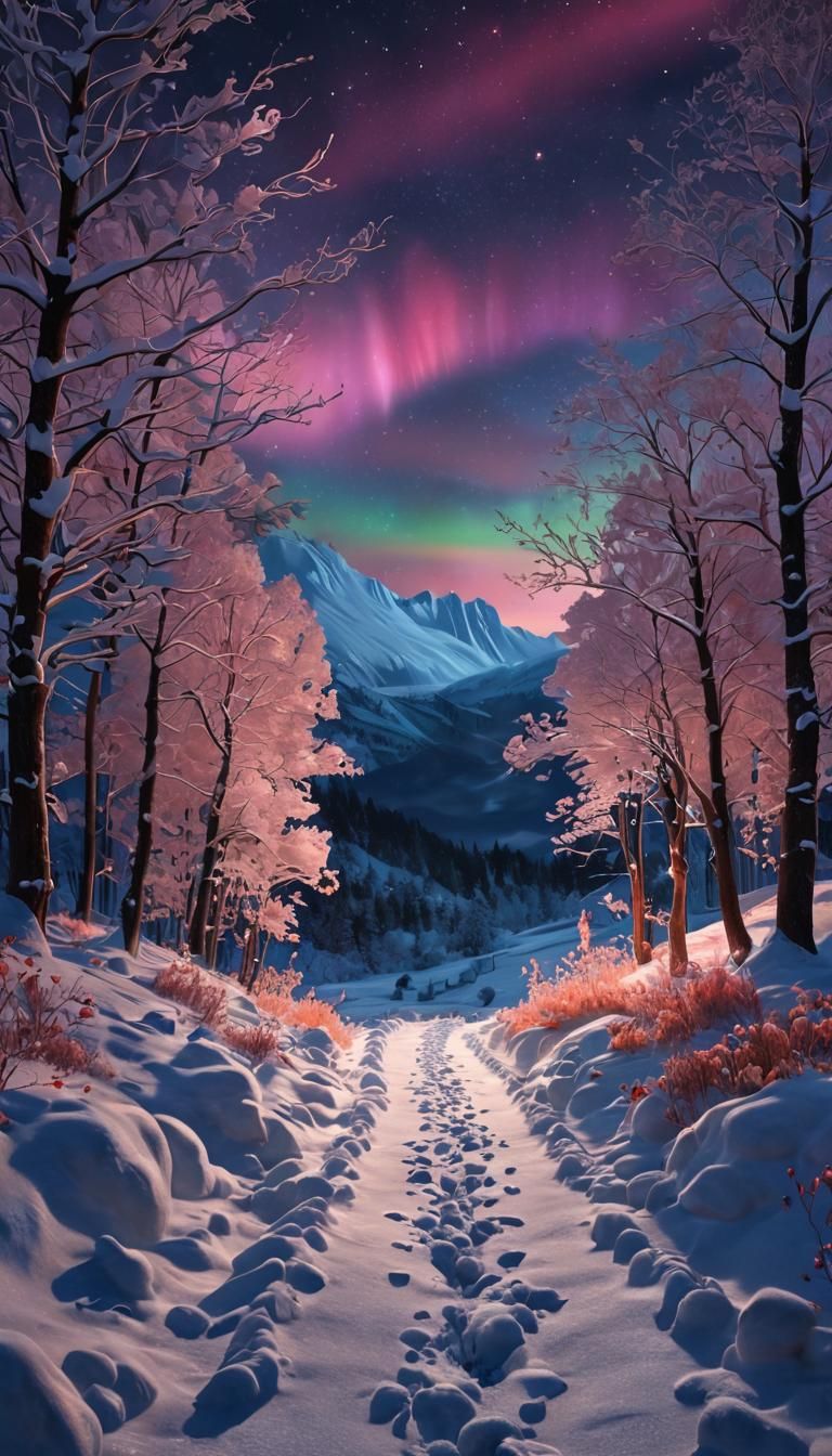 Winter Forest Path Under Aurora Borealis in 3D
