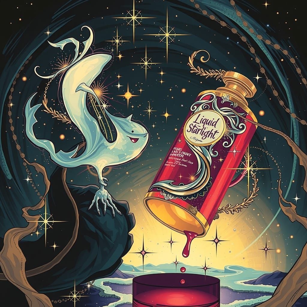 Cosmic Serum Bottle in Shimmering, Iridescent Liquid