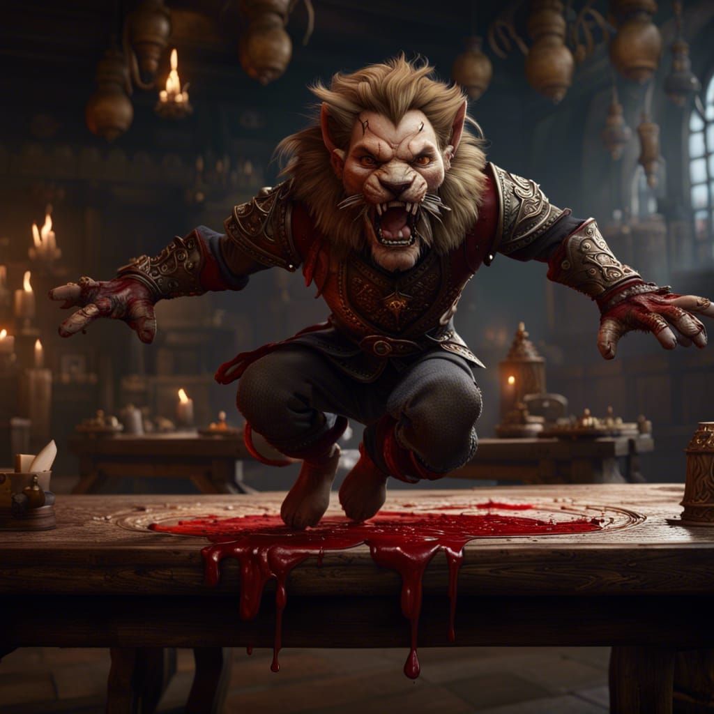 Halfling Lion Lord Jumps Over Table