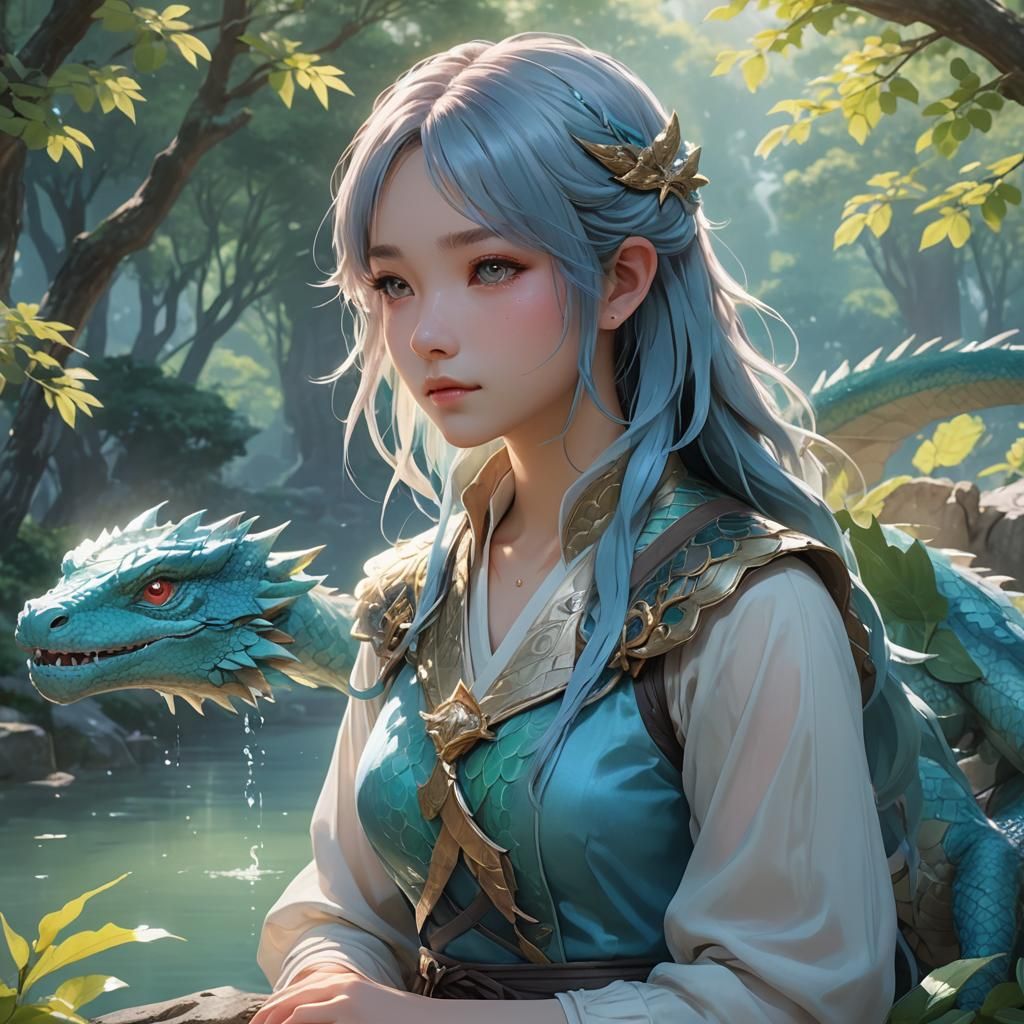 Anime Girl and Water Dragon by Lake